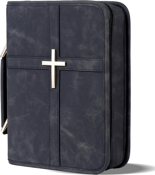 Vegan Leather Bible Cover Case, Bible Bag with Phone Pocket, Bible Case for Men Women, Christian Gift Box Packaging (Black)