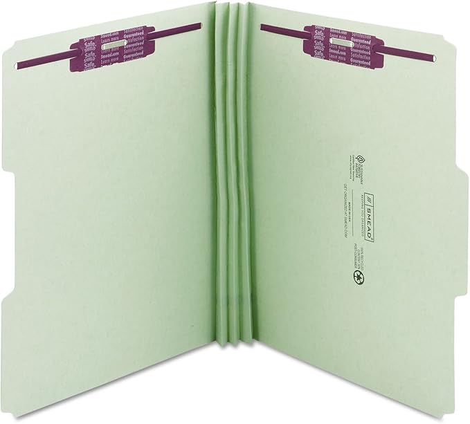 Smead Pressboard Fastener File Folder with SafeSHIELD Fasteners, 2 Fasteners, 1/3-Cut Tab, 3" Expansion, Letter Size, Gray/Green, 25 per Box (14944)
