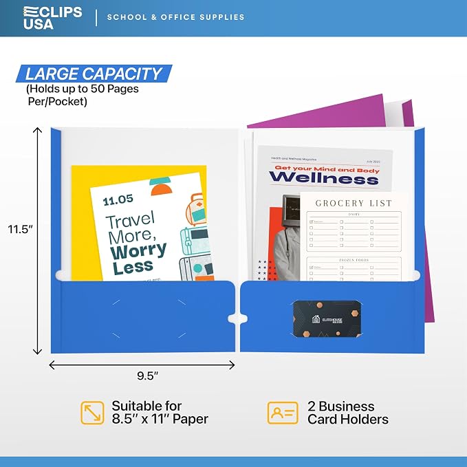 Folders with Pockets 2 Pocket Folders Bulk, Holds 100 Sheets (50 Sheets Per Pocket) Assorted Colors Office Or School (100 Pack)