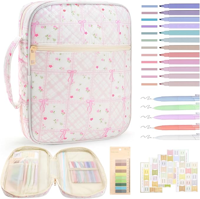 Zkptops Bible Cover Case for Women Large Bible Bag Cotton Quilted Bible Carrying Case with Zipper Pocket and Handle Carrying Book Cover for Christian Study Supplies Christian Gift(Bow Flower)