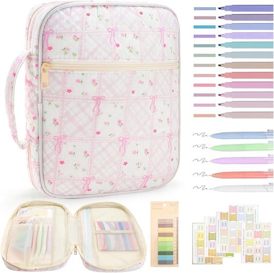 Zkptops Bible Cover Case for Women Large Bible Bag Cotton Quilted Bible Carrying Case with Zipper Pocket and Handle Carrying Book Cover for Christian Study Supplies Christian Gift(Bow Flower)