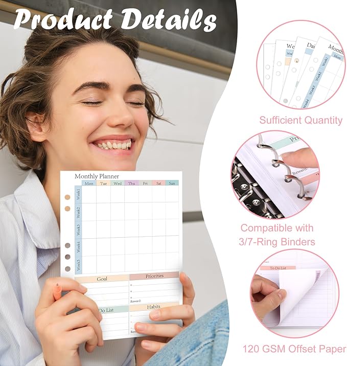 ADHD Half Letter Planner Refill Pages Planner Inserts 5.5" x 8.5" for 3/7 Ring Binder Daily Weekly Monthly 480 Sheets/960 Pages Undated Planners Colorful To Do List 7-Hole Refill Paper 120 GSM Thick Loose Leaf Paper Punched for 3 Months Neurodivergent ...