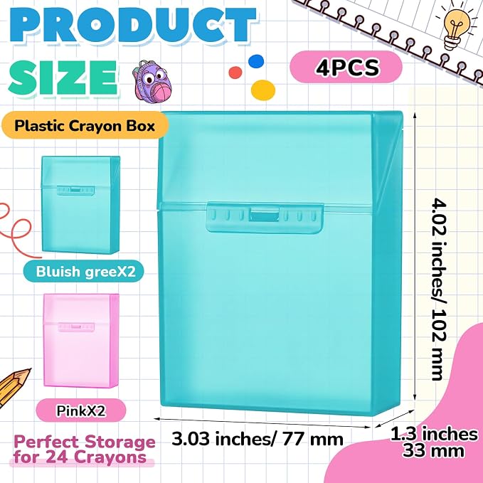 Clabby 4 Pcs Plastic Crayon Organizer Case for 24 Count Crayons Kids Art Supply Storage Box with Lid, Portable Holder for Classroom Home Travel, Fits Standard 24-Pack Crayon (Teal,Pink)
