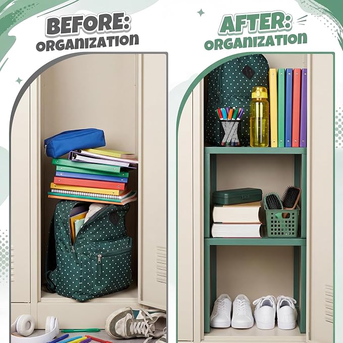 Colarr 2 Pcs Locker Organizer Shelf Stackable 2-Tier Shelves Fits Standard Size School Lockers Heavy Duty Metal Locker Shelf for School Office Gym Lockers Home Storage 11x 10 x 12 Inch(Grayish Green)