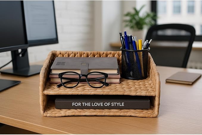PINXIURY 2-Tier Water Hyacinth Letter Tray – Woven Paper & Mail Organizer for A4 Files, Magazines, Office Documents Desktop File Basket for Home Office Supplies