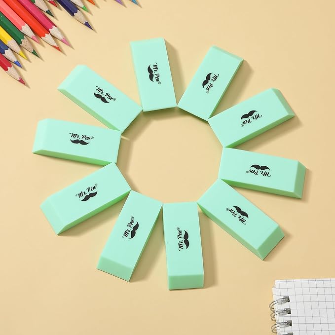 Mr. Pen- Pencil Eraser, 12 Pack, Green, Large Latex Free Block Erasers for School, Office, Art Sketching, Homework, Exams, Clean Smudge-Free Correction