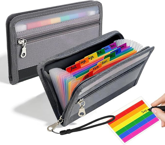 2pcs Portable Receipt Organizer & Coupon Holder, 12 Pockets Accordion Expanding File with Adjustable Wrist Strap, Zipper Closure Budget Organizer for Bills & Expense Tracking