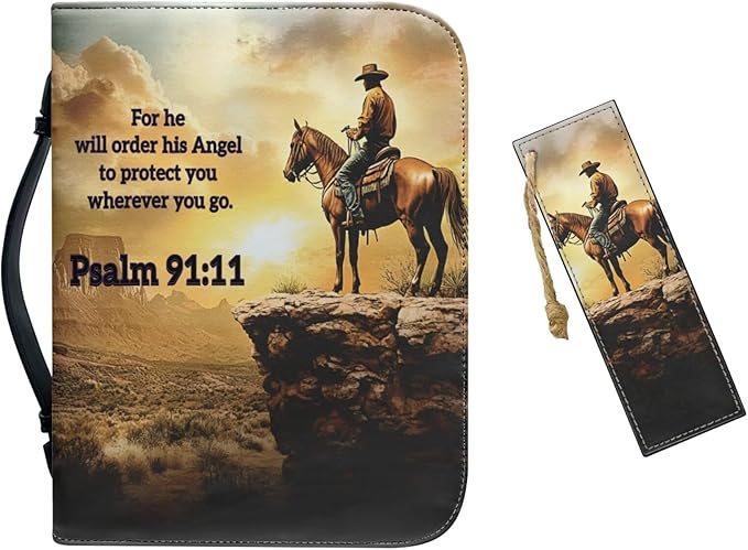 PU Bible Covers for Men Large Size Bible Case Bible Bag with Leather Bookmark (Set of 1),Western Cowboy Scripture,Medium