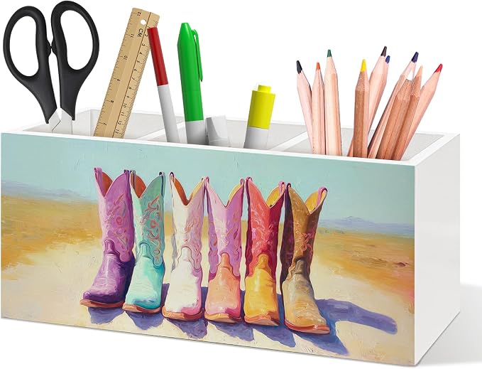 Western Cowgirl Boots Pen Holder, Rustic Country Western Office Pen Pencil Holder Organizer for Desk Accessories, Cowgirl Gifts Wooden Box Desk Decor for Home Office Desk Decorations
