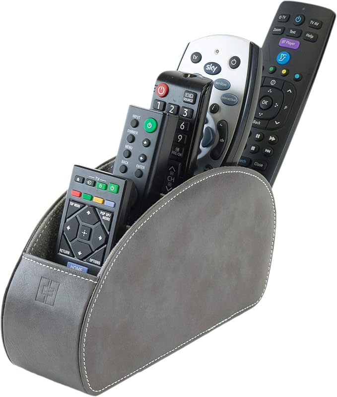 Remote Control Holder with 5 Compartments, Grey PU Leather Office Organization Storage Caddy Box for TV Remote, Heater Controllers, Media Player, Office Supplies, Makeup Brushes CEG10