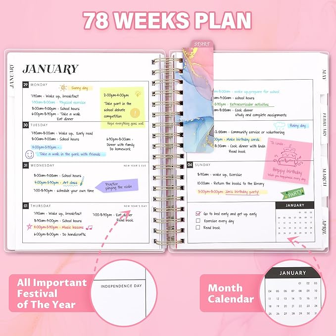 Planner 2026-2027, Large 18 Months Academic Daily Weekly Monthly Planner Yearly Agenda Jan. 2026–June. 2027, 7.9" x 9.8", Page Tabs, Separator Page, Pocket Folder, Bookmark, Stickers, Sticky Note Set