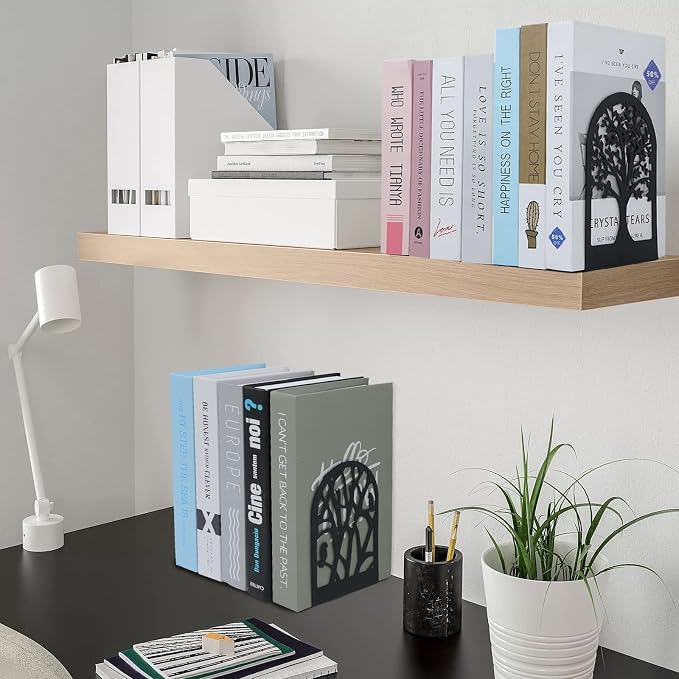EOOUT Bookends for Shelves Decorative, 5 Pairs (10 Pack) of Tree Bookends Supports, Black Metal Book Stoppers for Heavy Books, Heavy Duty Book Ends for Home Office School.