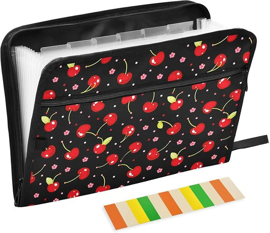 ALAZA Cherry Flower on Black 13 Pocket Expanding File Folder with Labels, Accordion File Folder File Organizer Letter A4 Paper for Office School Student