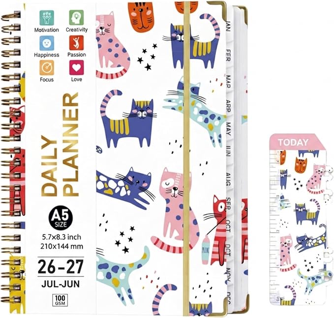 2026-2027 Academic Planner Weekly and Monthly, A5 Agenda July 26 - June 27 with 100GSM Thick Paper, Hardcover Notebook with Tabs,Elastic Closure & Inner Pocket,Cute Cat for Women,Teacher,Students