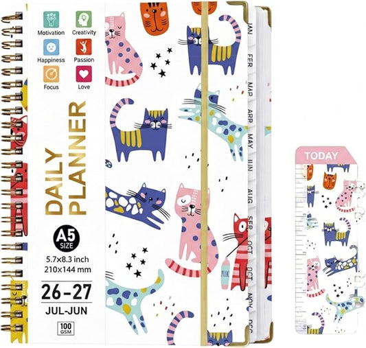 2026-2027 Academic Planner Weekly and Monthly, A5 Agenda July 26 - June 27 with 100GSM Thick Paper, Hardcover Notebook with Tabs,Elastic Closure & Inner Pocket,Cute Cat for Women,Teacher,Students