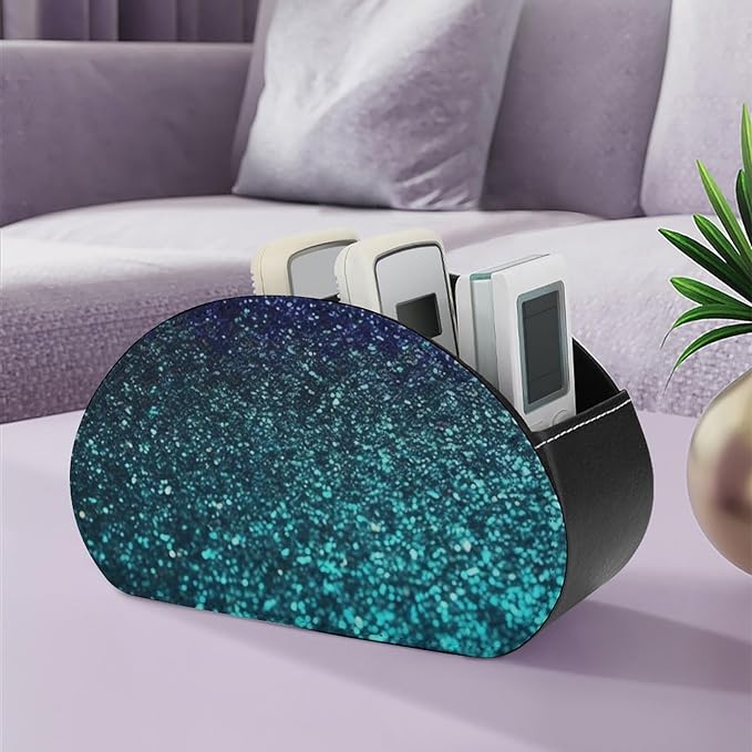 Teal Glitter Remote Control Holder - PU Leather Remote Caddy with 5 Compartments Multi-functional Office Desk Storage Caddy Store TV, DVD, Blu-Ray, Media Player