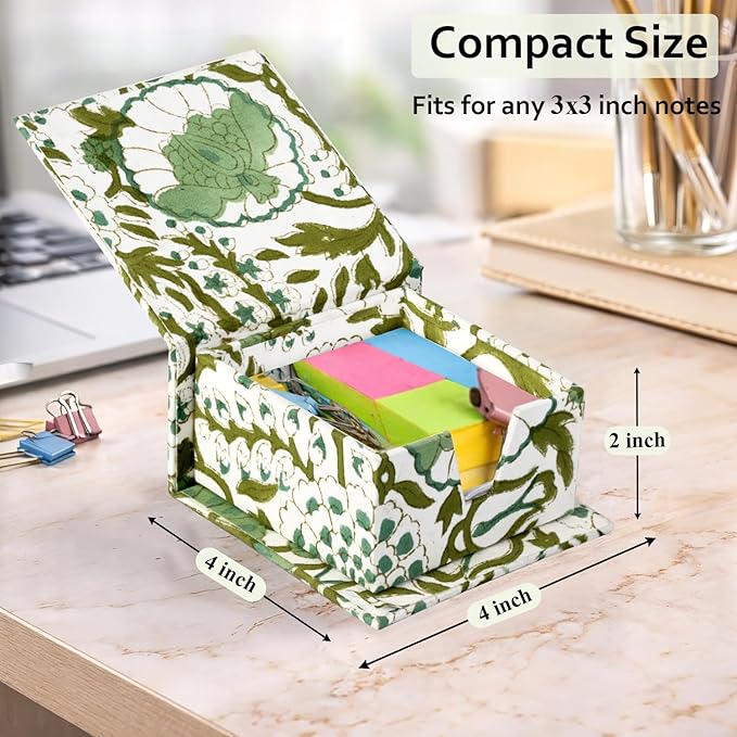 CPC Agate Green Block Print Cotton Desk Organizer Sticky Note Holder, 4'' X 4'' X 2'' Cute, Aesthetic, Decor Accessories, Workspace Organizers, Caddy Storage, Gift for Office, Professionals, Student