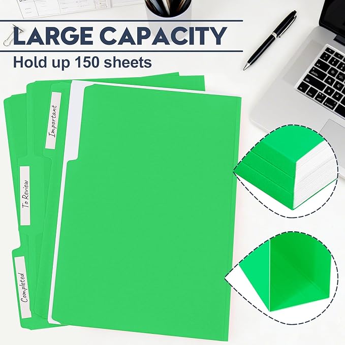 File Folders,150 Pack Letter Size Colored File Folders,8.5" x 11",1/3 Cut Tab,Durable Paper Bulk Folders with Blank Labels,File Folders for Office Business School Home Use,Grass Green