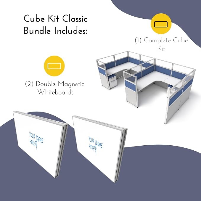 SUNLINE Office Cubicle - Modular Office Cubicle System with 7 Layout Options, Adjustable Panels, Wall Partitions, Drawers and 2 Magnetic Whiteboards, Customizable U and L Shaped Desk - Blue