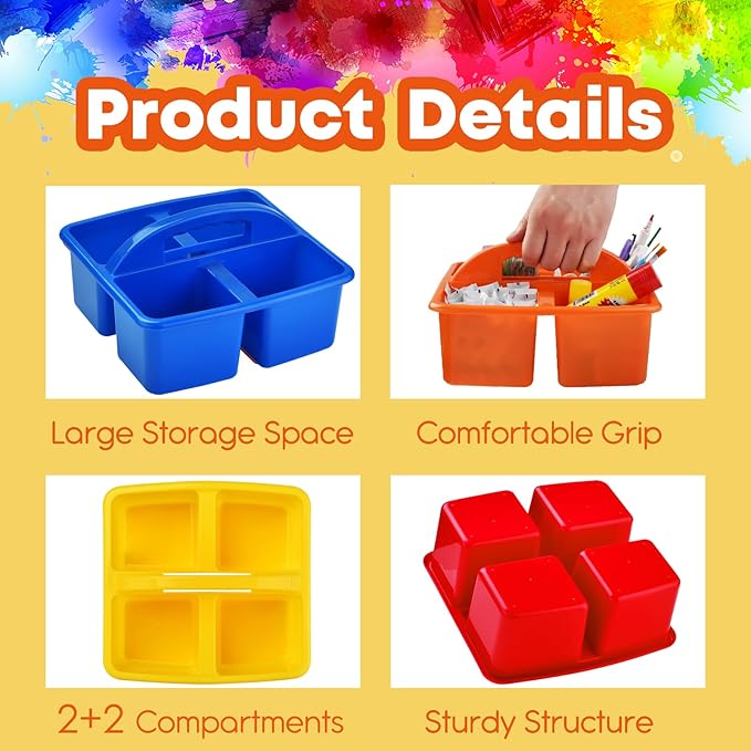 ALINK Plastic Classroom Caddy Organizer with Handle, 6-Pack 4 Compartments, Teacher Supply Storage Caddy for Classroom Organization, Table, Desk, Office, Craft Art for Kids - Assorted Colors