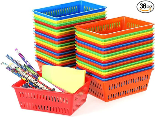 Sherr 36 Pack Classroom Storage Basket Small Plastic Basket for Organizing Crayon Pencil Container Storage Bin Tray Holder for Paper Shelf Back to School Office Supply 6.1"l x 4.3"w x 2.4"h(Colorful)
