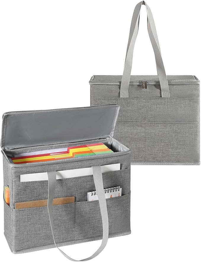 Qozary 2 Pack File Folder Organizer Box-Hanging File Tote Bag With Lids, Collapsible Portable Filing Organizer Box With Handle, Document Storage Bag For Office,Home,Travel, School