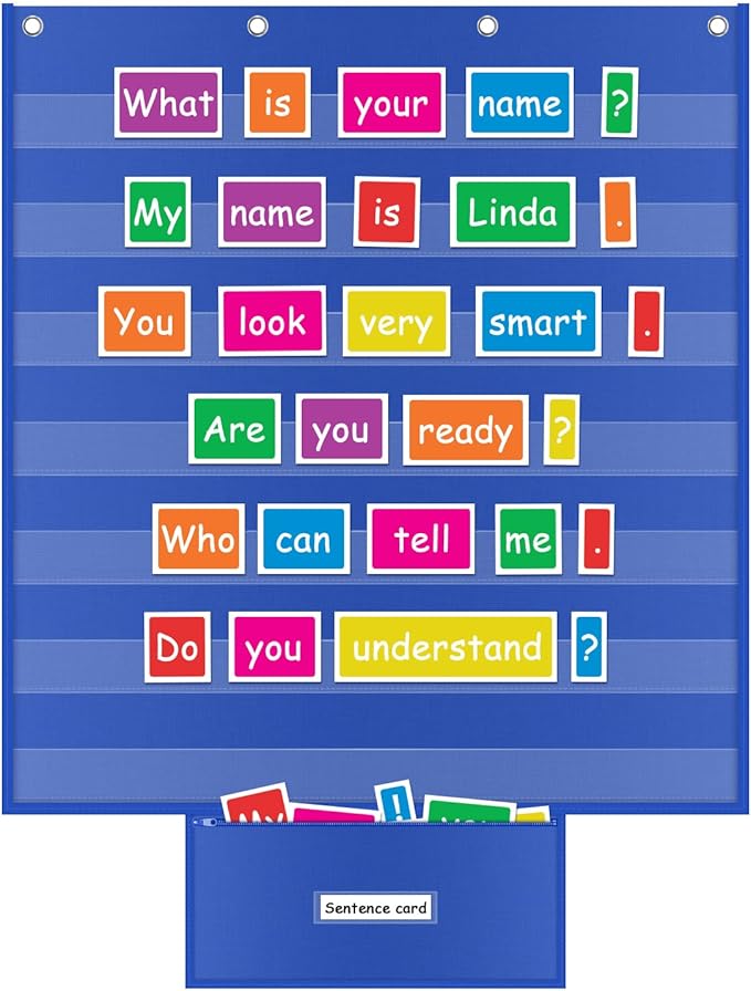 ALSLEA Standard Pocket Chart for Classroom with Zipper Storage Bag 28"x28" Wall Hanging File Display Pocket Chart with 7 Sentence Strips Holder Teacher Essential (Blue)