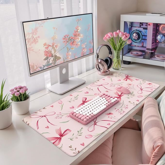 HAOCOO Pink Coquette Desk Mat, Cute Large Mouse Pad for Keyboard, Non-Slip Waterproof Desk Pad, Office Desktop Mat with Stitched Edges, Desk Decor for Women Office Aesthetics