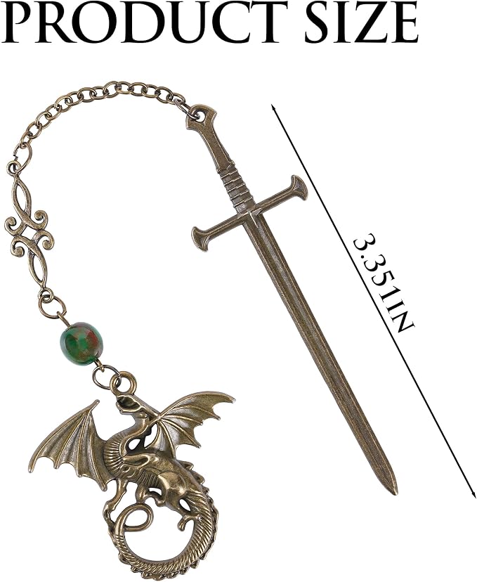 Fourth Wing Sward Bookmark - Fantasy Cool Dragon Page Mark Reading Men Boys Kids Unique Tassel Metal Antique Green Bookmarks for Book Club Students Teachers School Supplies Birthday Gifts