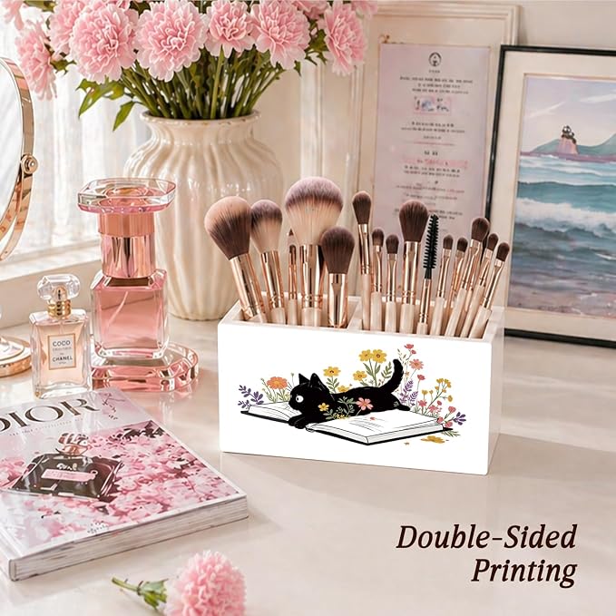 Cat Book Pen Pencil Holder for Desk Cat Lovers Gifts, Black Cat Lovers Gifts for Women,Floral Book Wooden Box Sign Decorations for Reading Room Corner Nook Desk Tabletop