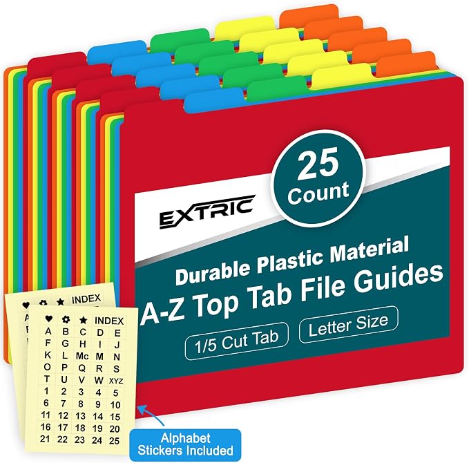 Alphabetical File Organizer, 25 Plastic Alphabet Dividers with Tabs Letter Size File Cabinet Dividers, Self Adhesive A-Z Labels – 5 Assorted Colors, 1/5 Cut Tabs for Filing Cabinet