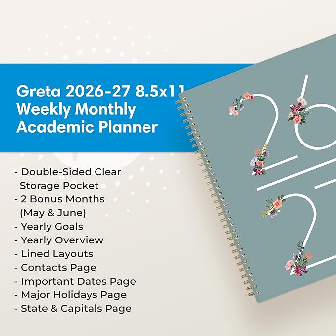 Blue Sky 2026-2027 Weekly and Monthly Academic Year Planner Calendar, July 2026 - June 2027, 8.5" x 11", Flexible Cover, Wirebound, Storage Pocket, Laminated Tabs, Greta