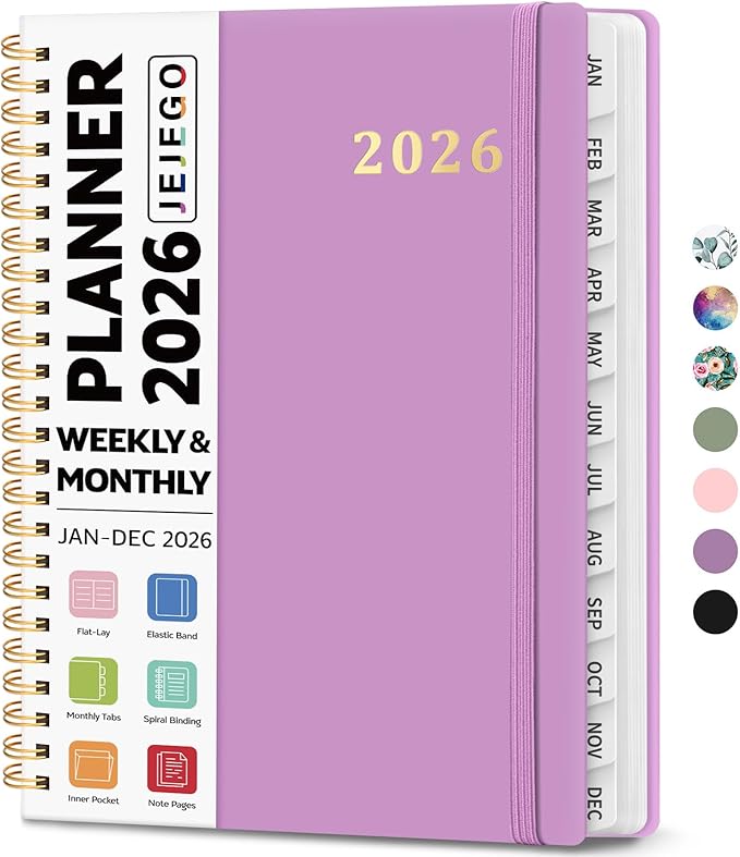 2026 Planner, Weekly and Monthly Calendar Planner Book, January 2026 - December 2026, Hardcover Spiral Planner with Monthly Tabs, Notes Pages, Perfect for Women & Men, A5 (6.4" x 8.5") - Purple