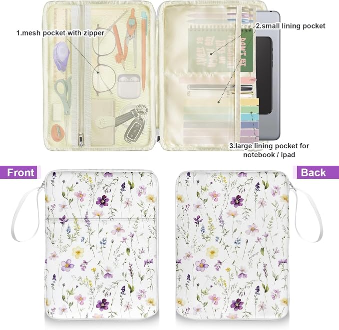 White Floral Bible Book Sleeve with Zipper,12"x 9" Padded Protector Washable Book Covers,Books Pouch with Handle Pockets,Travel Book Carrying Case for Books Lover Hardcover,Mother's Day Christmas Gift