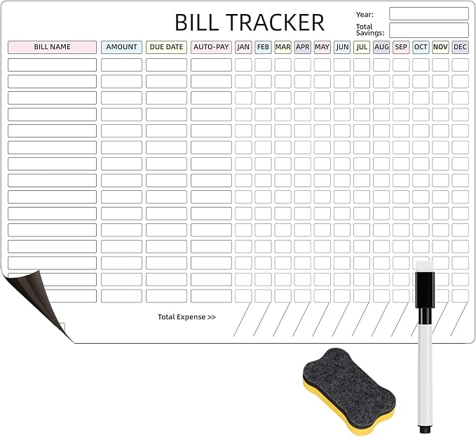 Monthly Bill Payment Checklist Magnetic Whiteboard for Refrigerator-Bill Payment Tracker Calendar Chart Monthly Bill Organizer & Planner for Personal Budgeting Financial (Style 1)