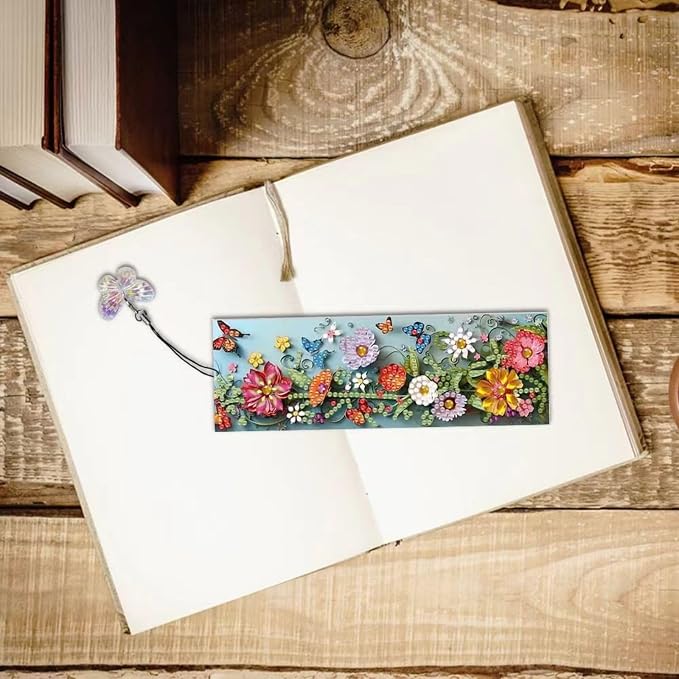 ARTopet 4Pcs DIY Diamond Art Painting Bookmarks with Colorful Butterfly Pendant PET Bookmark Ornament Double Sided Pattern Single Sided Diamond Book Marker Clip Gifts Tags-Flowers06