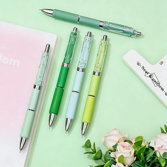 Temiary 5 Pcs Retractable Gel Pens, 0.5 mm Black Ink Fine Point Quick Dry Gel Ink Pen, Aesthetic Smooth Writing for School Office Journaling Note Taking and Sketching (Green)