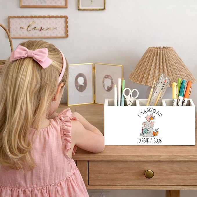 Animal Friends Pen Holder, Inch Desk Organizer, “It’s a Good Day to Read a Book” Elephant & Pig Illustration, Cute Desk Storage for Pens, Pencils, Scissors – Kids, Students, Teachers Gift