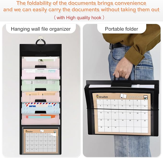Wall File Organizer 6 Pocket, Hanging Wall File Organiser for Classrooms and Offices, 6 Removable File Folders Classrom Organization and Storage Black