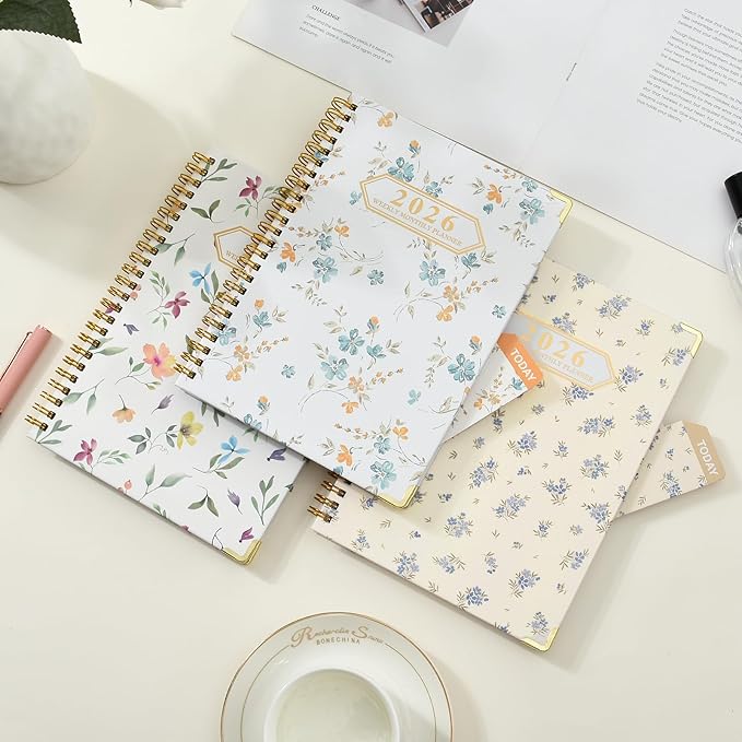 2026 Monthly Planner, Jan.2026 - Dec.2026 Weekly Monthly Planner 6.25"x8.5" with Page Tabs, Calendar Hardcover with Inner Pocket, Elastic Band, Twin-Wire Binding, Bookmark, Blue-Yellow Flower