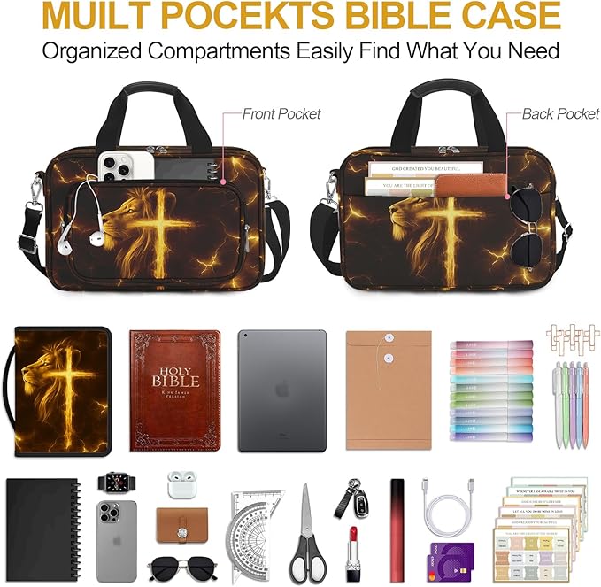 Lion Cross Bible Cover Case for Boys Kids, Large Men Bible Carrying Book Case Church Bag with Handle Zipper Pocket, Bible Study Supplies Journaling Kit, Highlighters Tabs Pens Cross Clips