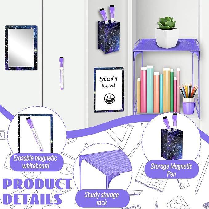 Demonwer 9 Pcs Locker Accessories Kit Purple Starry Sky Locker Organizer Magnetic Whiteboard Mirror Pen Holder Pen for Storage Organizing Shelf Back to School Party Supply