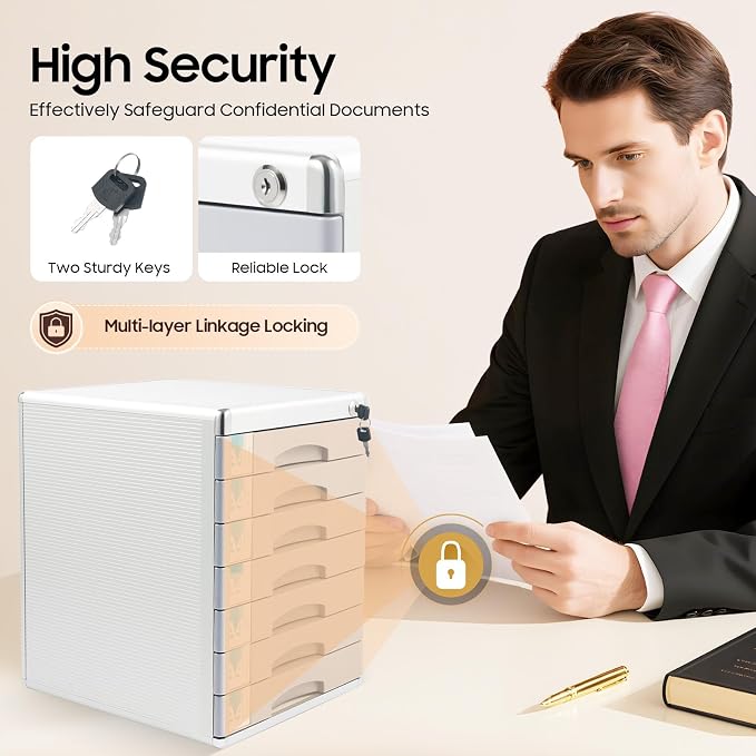 Desk Organizer with 7 Drawers, Documents Organizer with Lock, Office Supplies Desktop Filing Cabinet, A4 File Storage Holder, Stackable Storage Box for Jewelry/Bill/Paper/Documents