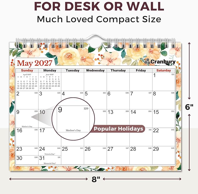 CRANBURY Wall Calendar 2026-2027, 8x6", 18 Months Jul. 2026 to Dec. 2027, Thick Paper, Small Desk & Wall Planner for Office, School, Mini Monthly Hanging Calendar with Stickers, Floral