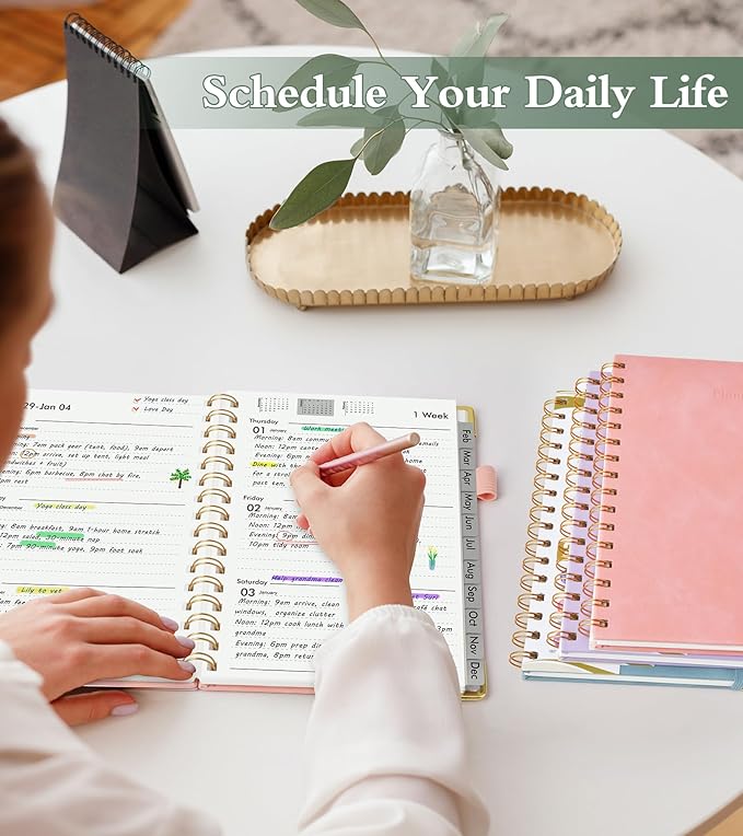 2026 Planner, Hardcover Leather Weekly and Monthly Planner, January 2026 - December 2026, Spiral Yearly Agenda Organizer Book 2026 with Tabs, Daily Calendar Planners for School Work Home, A5 (5.75" x 8.38"), Pink