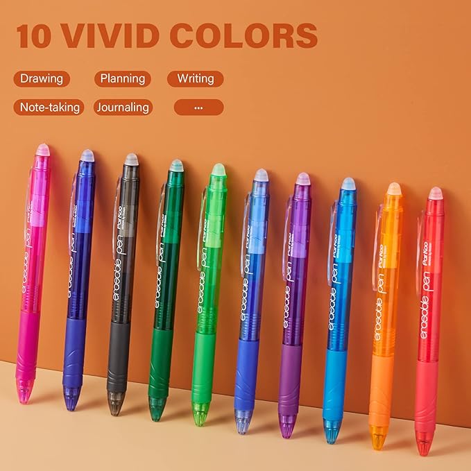 ParKoo Retractable Erasable Gel Pens Clicker, Fine Point 0.7mm, Assorted Color Inks for Drawing Writing, 10-Pack