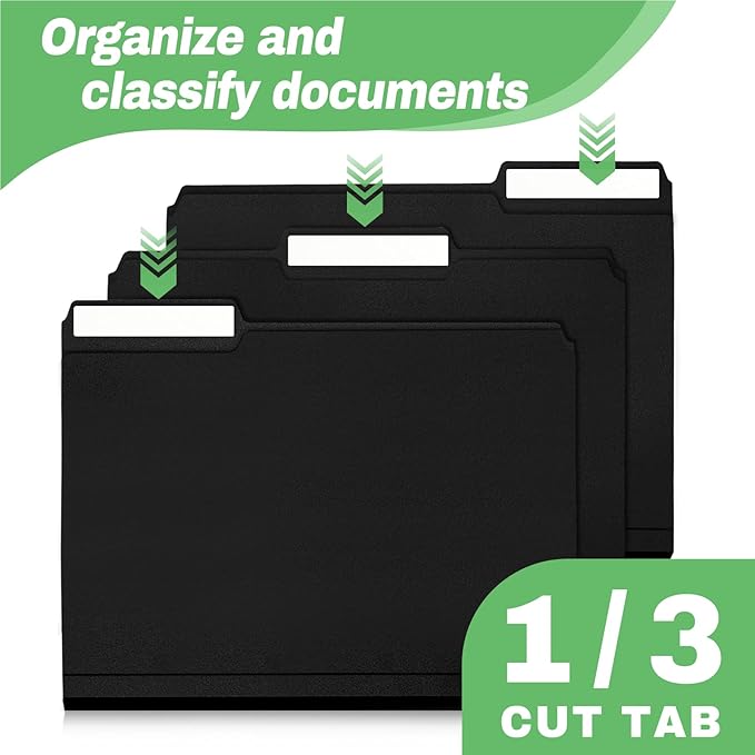 Black File Folders, 6-Pack, 1/3 Tab Filing Folders for 8.5x11 Letter Size Documents, Great for Organizing and Easy File Storage (18 Pack)