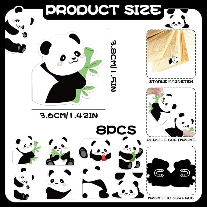 Panda Magnetic Bookmarks Gifts - 8 Pcs Cute Animals Bookmark for Women Pandas Bear Lovers Students Funny Page Clips Office Reading Accessories Bookworms Gift for Birthday Christmas