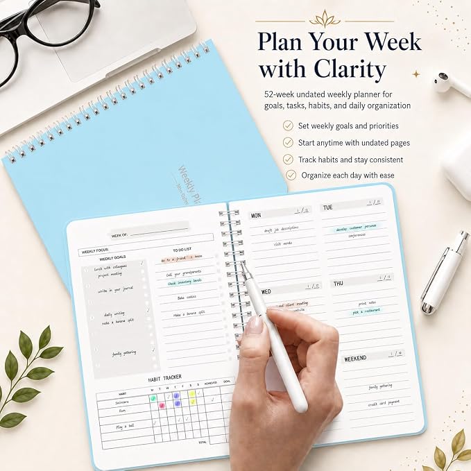 TREES Undated Weekly Planner, Weekly To Do List Notebook with Goal & Habit Tracker Organizer, A5 5.7"" x 8.0"" Weekly Planner Notebook with Spiral Binding for Men or Women, Blue