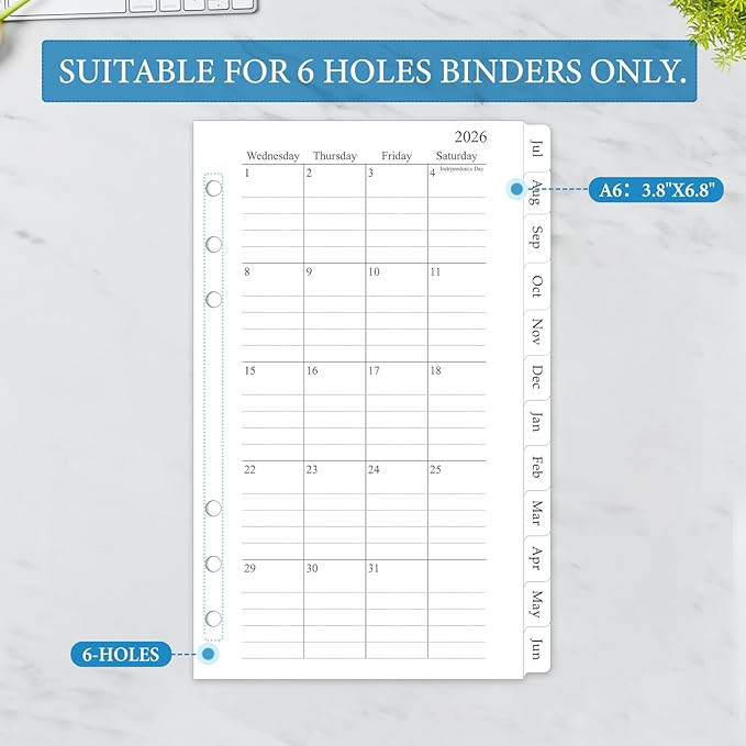 2026-2027 Monthly Planner Refill, A6 Small Size Planner Inserts for 6 Ring, 3.8"x6.8", Jul. 2026 - Dec. 2027, 18 Monthly Calendars with Laminated Tabs, 6-Hole Punched